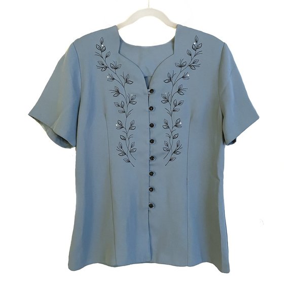 Tops - Light-bue / gray women's blouse, embroidered, wit rhinestones. Size XL